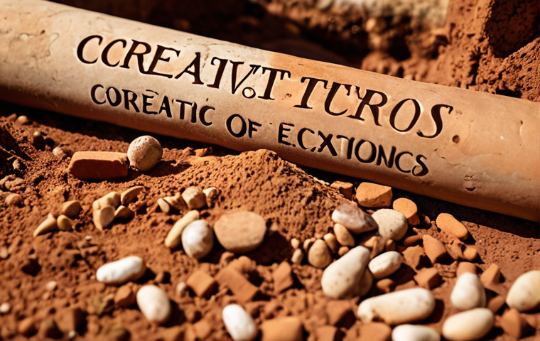 **Prompt:** Archaeological dig revealing core values. Close-up on artifacts labeled "Creativity," "Connection," and "Making a Difference," unearthed from layers of societal expectations. Warm, earthy tones.