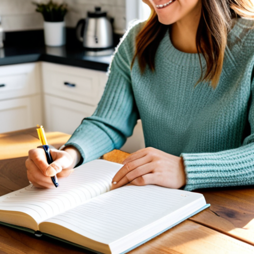Gratitude Journaling & Morning Routine**
A woman sits at a sunlit kitchen table, writing in a journal. She wears a cozy sweater and sips from a mug. The table holds a small vase of flowers and a stack of books. "Gratitude Journal" is written on the journal cover. Background is a bright, clean kitchen. Fully clothed, modest attire, appropriate content, safe for work, professional, perfect anatomy, correct proportions, well-formed hands, proper finger count, natural pose.
**