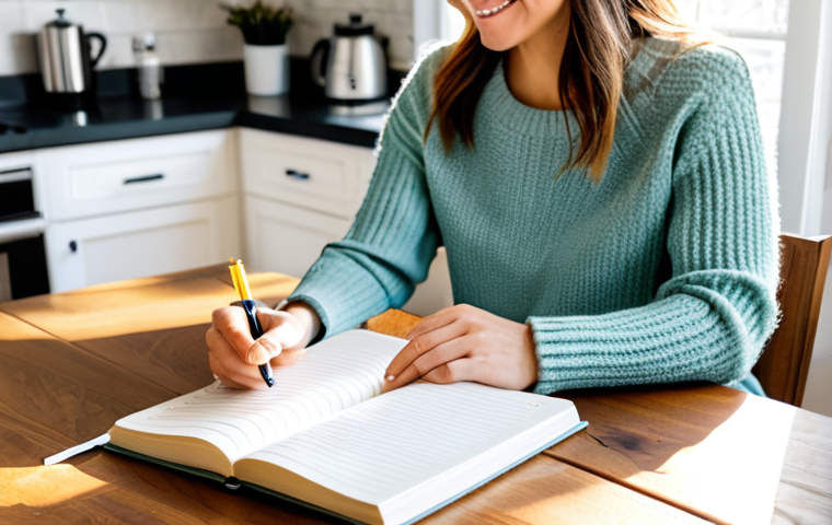 Gratitude Journaling & Morning Routine**
A woman sits at a sunlit kitchen table, writing in a journal. She wears a cozy sweater and sips from a mug. The table holds a small vase of flowers and a stack of books. "Gratitude Journal" is written on the journal cover. Background is a bright, clean kitchen. Fully clothed, modest attire, appropriate content, safe for work, professional, perfect anatomy, correct proportions, well-formed hands, proper finger count, natural pose.
**