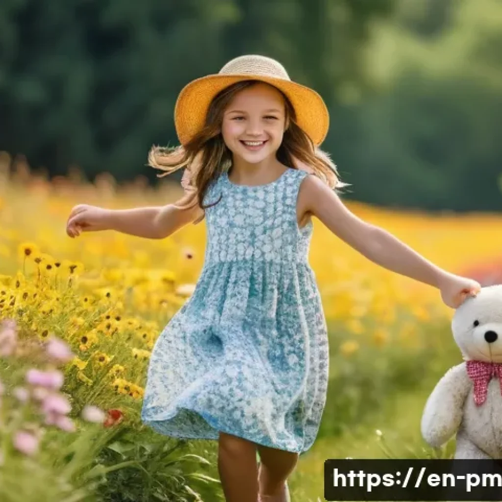 진정성 찾기 위한 일상 속 질문들 - **A young girl (approximately 7 years old) wearing a colorful sundress and a sun hat, skipping throu...