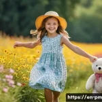 Home 22 진정성 찾기 위한 일상 속 질문들 - **A young girl (approximately 7 years old) wearing a colorful sundress and a sun hat, skipping throu...