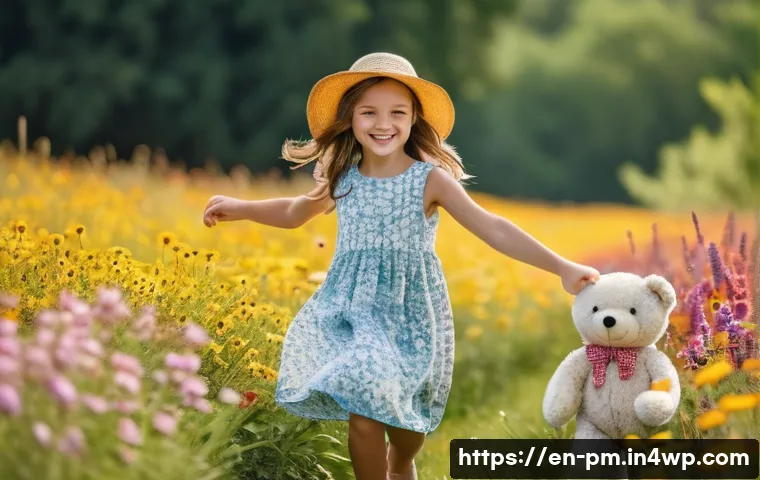 진정성 찾기 위한 일상 속 질문들 - **A young girl (approximately 7 years old) wearing a colorful sundress and a sun hat, skipping throu...