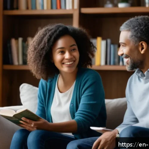 Home 31 진정성을 찾기 위한 비폭력 대화 기법 - A warm and inviting scene of two diverse adults seated comfortably in a cozy, well-lit living room, ...