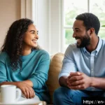 Home 18 자기 탐색을 위한 진정성 주제 토론 - A warm, inviting scene of two diverse adults sitting comfortably in a cozy living room, engaged in a...