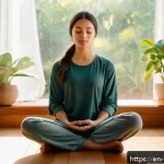 Home 23 진정성을 발견하기 위한 맞춤형 계획 세우기 - A serene morning scene of a young woman sitting cross-legged on a cozy wooden floor in a sunlit room...