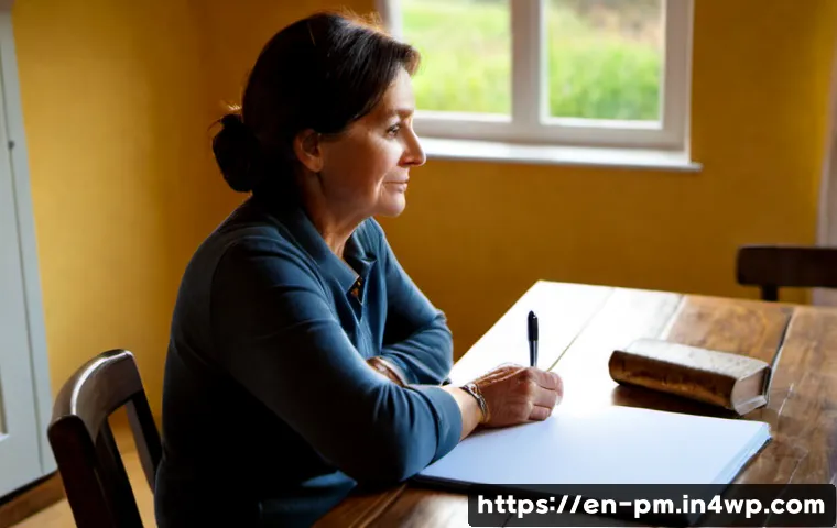 Home 17 결정과 선택에서 진정성을 찾는 법 - Photorealistic middle-aged woman sitting alone at a tidy wooden kitchen table at sunrise, calmly com...