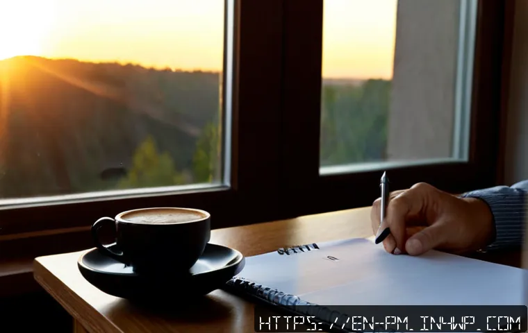 Home 17 진정성을 찾는 과정에서의 시간 관리 - Photorealistic morning home office scene, thoughtful adult sitting at a clean wooden desk with a bla...