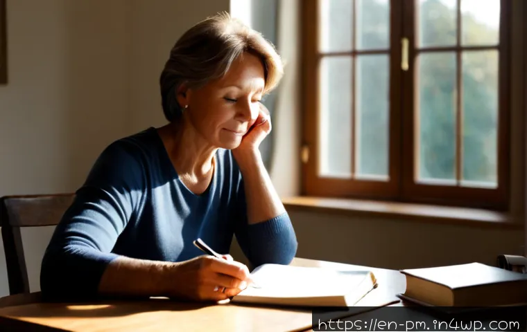 진정성을 위한 지속적인 자기 계발 방법 - Photorealistic morning scene of a thoughtful middle-aged woman seated at a tidy home desk, reflectin...